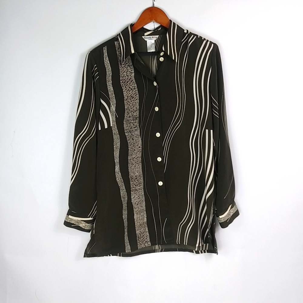 Beverly Rose M Workwear Vintage Collared Button Front Designer Top in Deep Olive